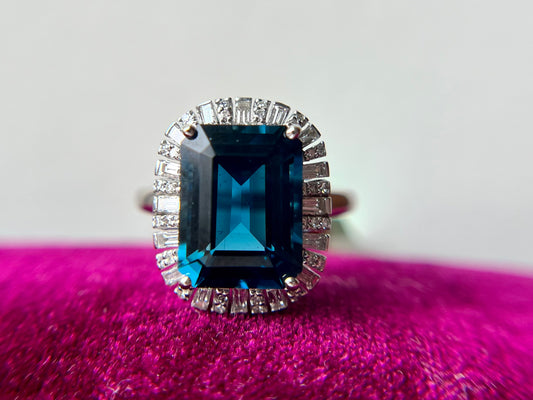 London Blue Topaz and Diamond Halo Ring