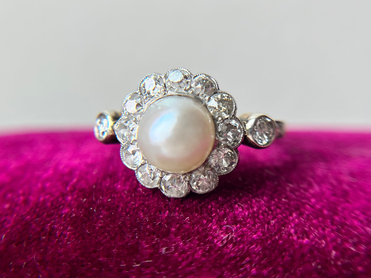 Platinum Diamond and Pearl Cluster Ring