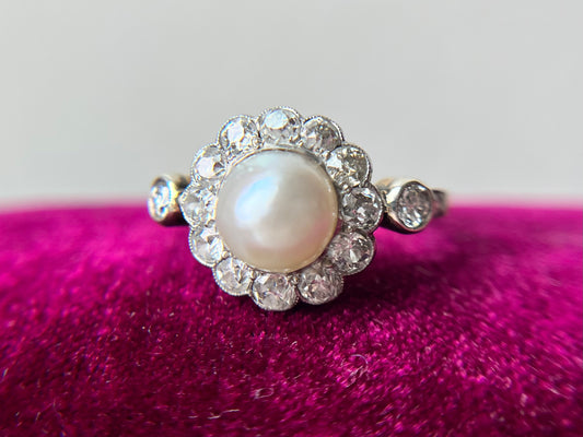 Platinum Diamond and Pearl Cluster Ring
