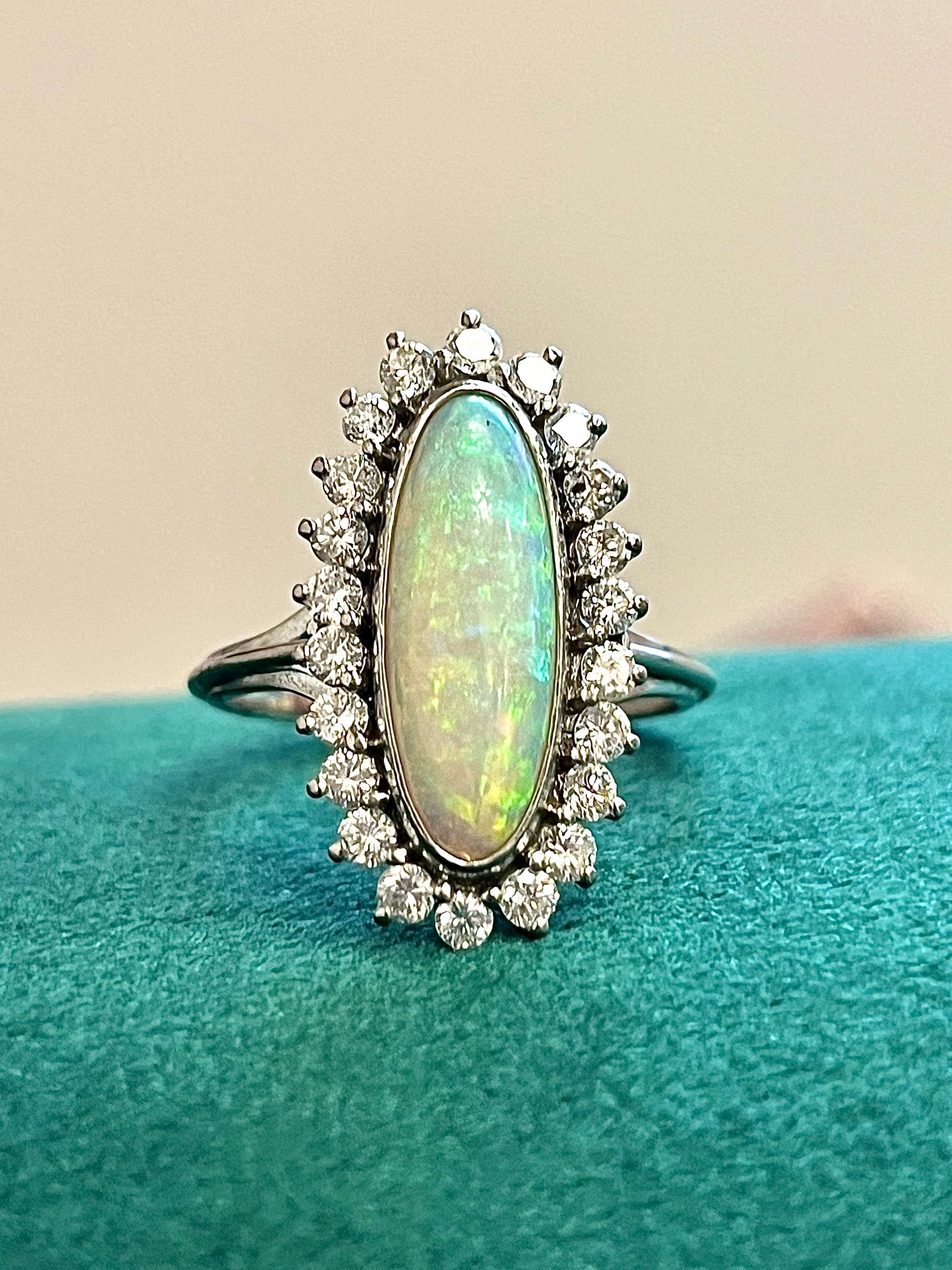 Vintage Platinum Opal and Diamond Ring