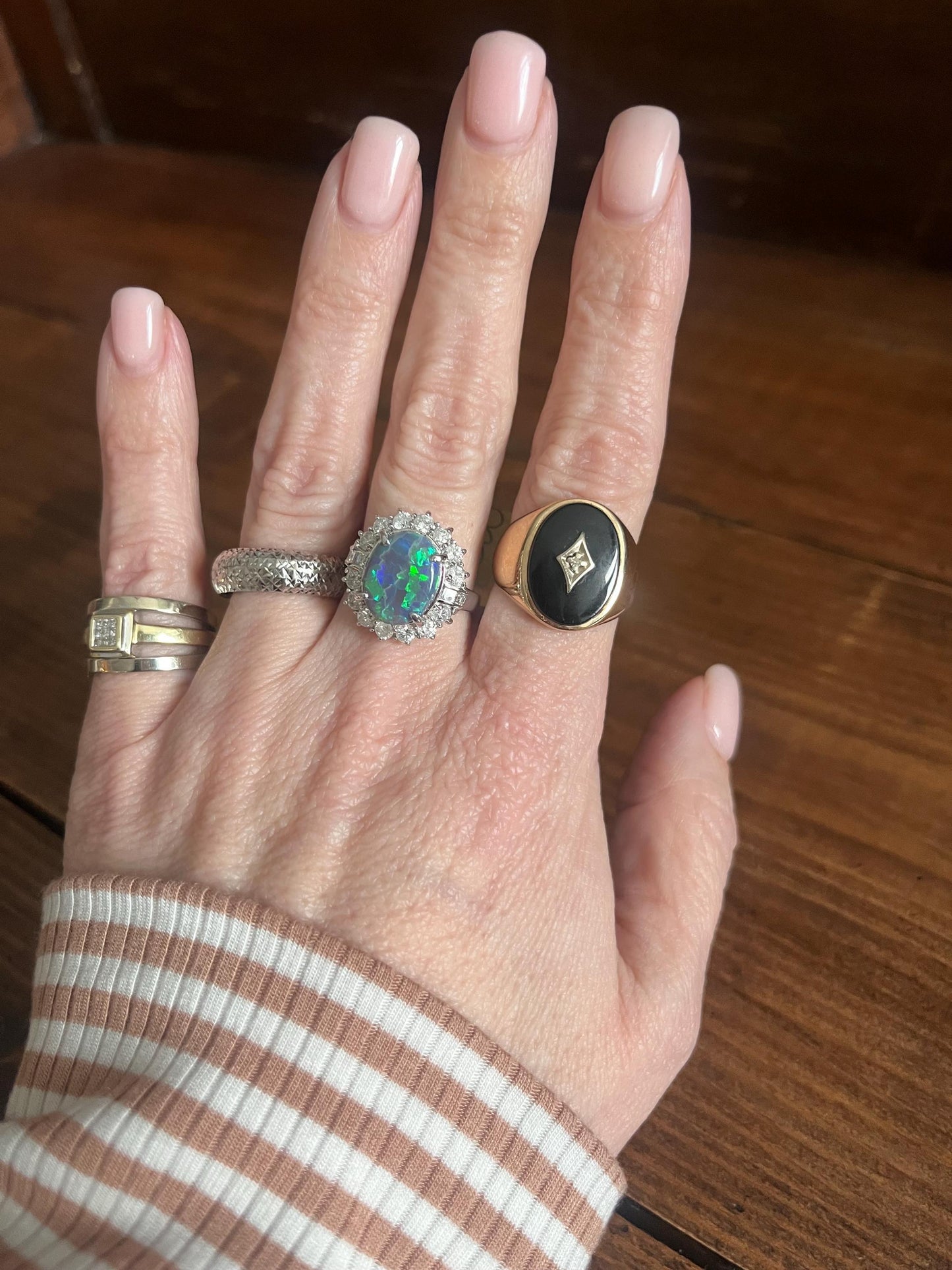 Three Row White & Yellow Gold DIAMOND Ring 14k