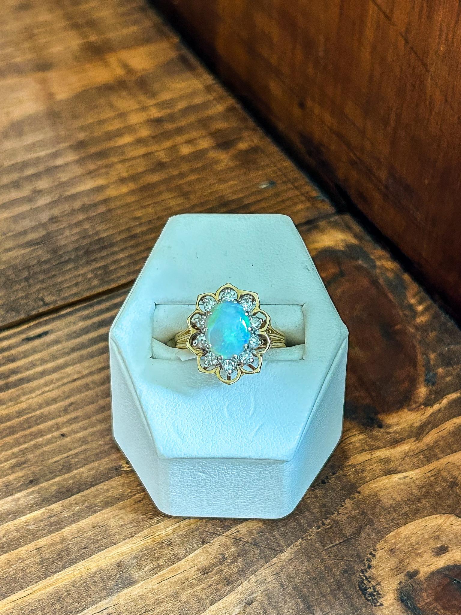 Vintage 14K Yellow Gold Opal and Diamond Ring