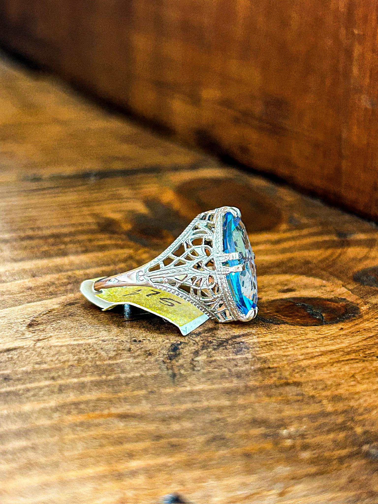 Vintage Filigree Blue Topaz Marquis 14K White Gold Ring