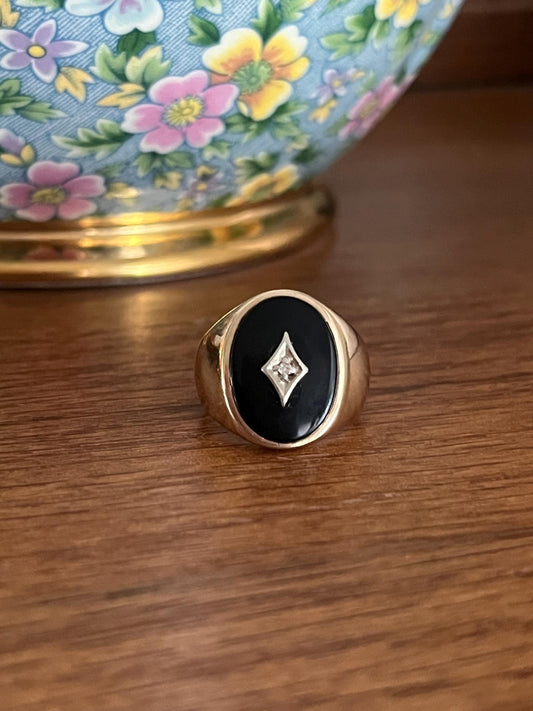 Vintage Onyx and DIAMOND Chip 10K Ring Unisex Mourning Moody