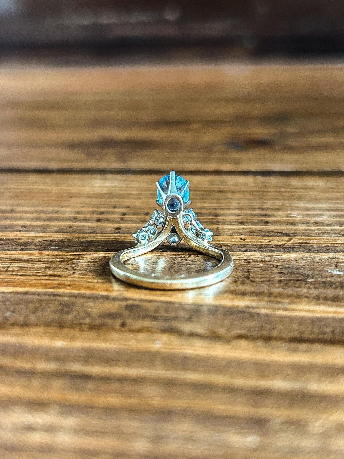 Vintage Blue Topaz Diamond and Tiara Ring 14K Yellow and White Gold