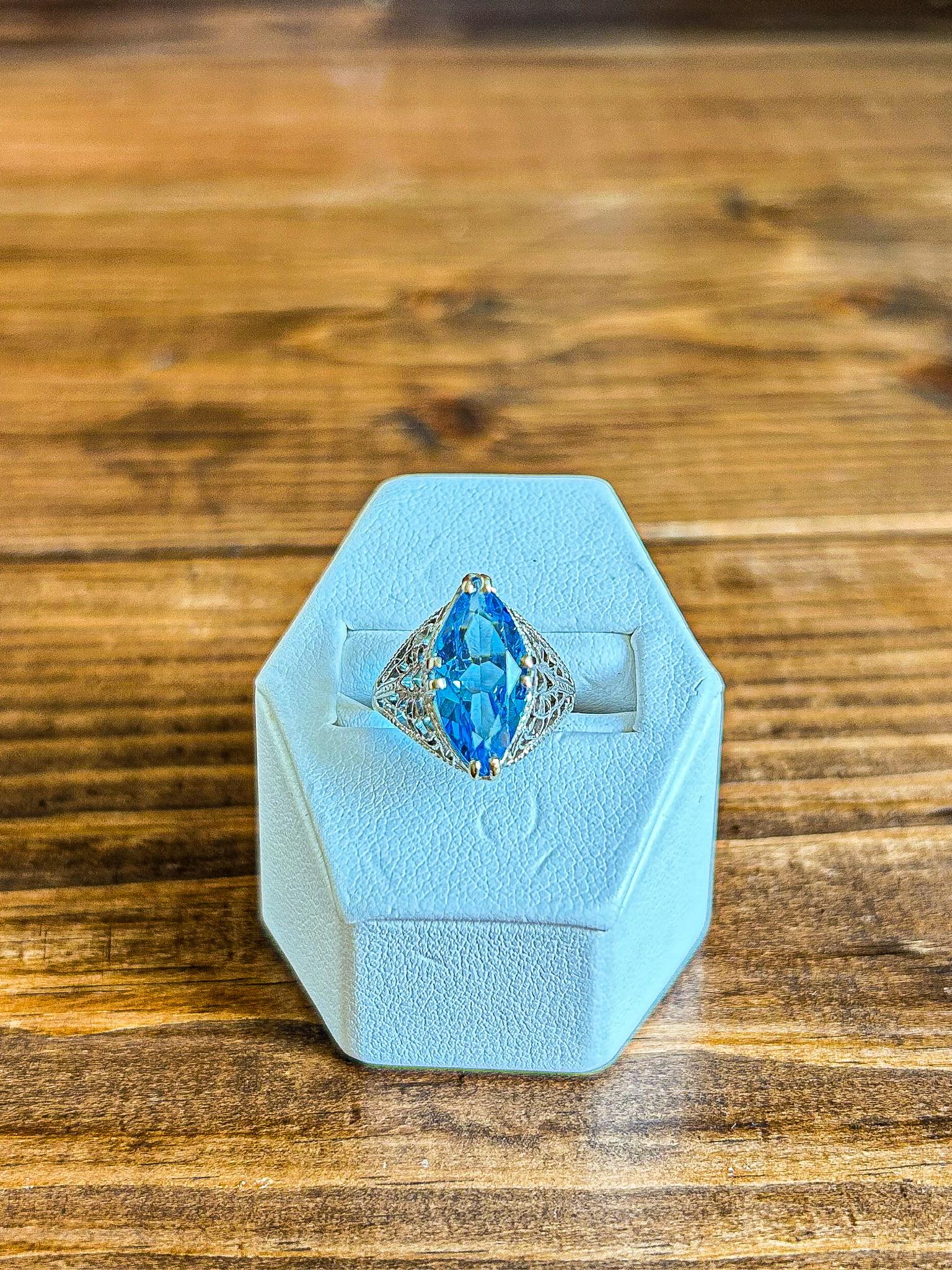 Vintage Filigree Blue Topaz Marquis 14K White Gold Ring