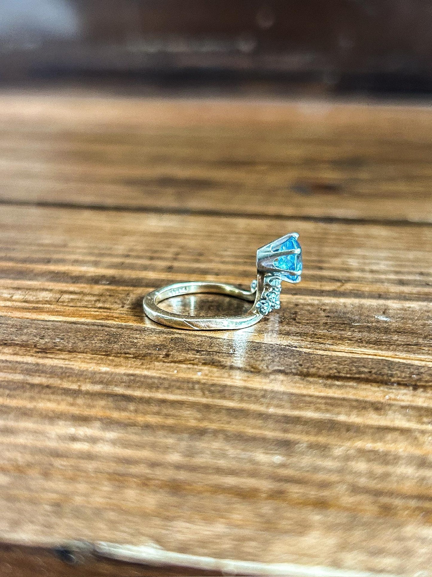 Vintage Blue Topaz Diamond and Tiara Ring 14K Yellow and White Gold