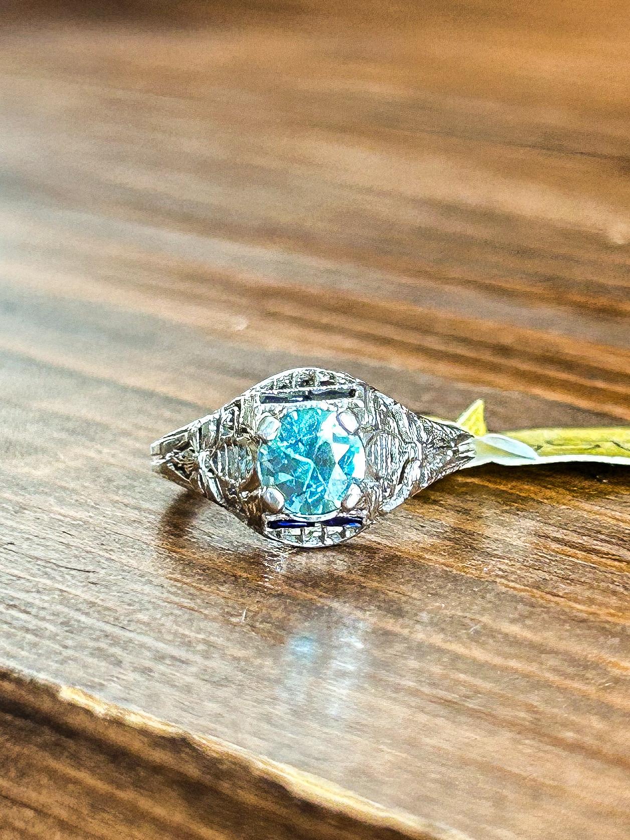 Platinum Filigree Synthetic Sapphire and Zircon Ring