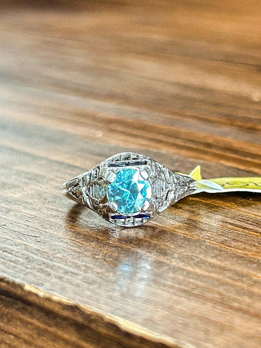 Platinum Filigree Synthetic Sapphire and Zircon Ring