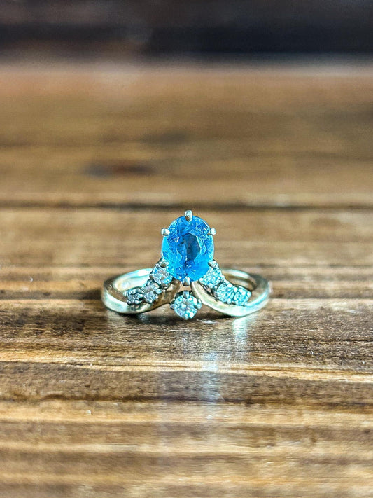 Vintage Blue Topaz  Diamond and Tiara Ring 14K Yellow and White Gold