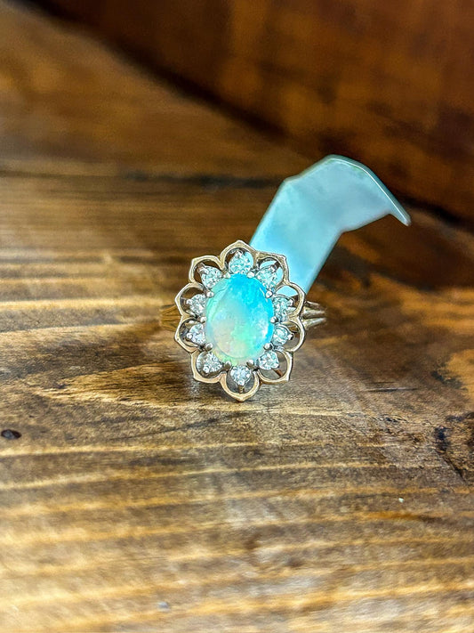 Vintage 14K Yellow Gold Opal and Diamond Ring