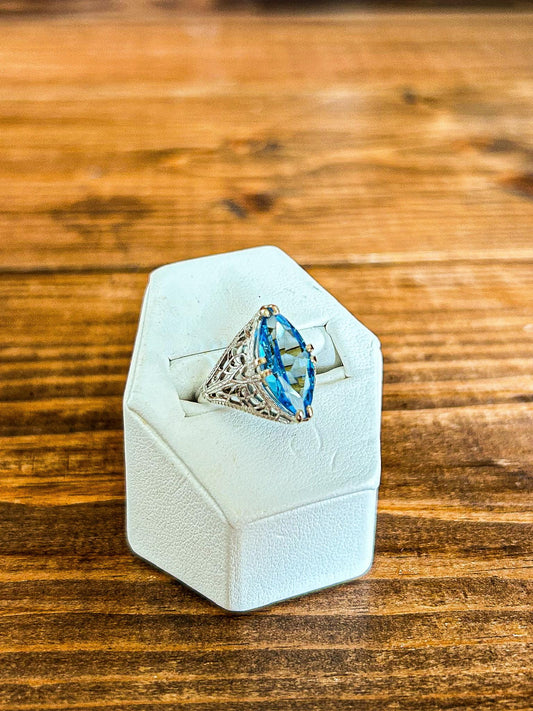 Vintage Filigree Blue Topaz Marquis 14K White Gold Ring