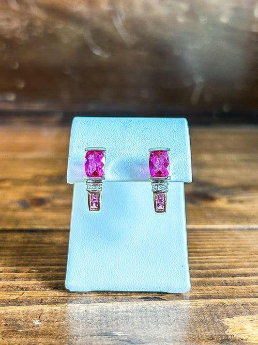 Vintage Pink and White Topaz J Hoop Earrings 10K White and Yellow Gold