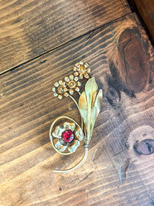 Vintage Floral Gold Filled 1/20 12K Brooch with Red Stone Van Dell