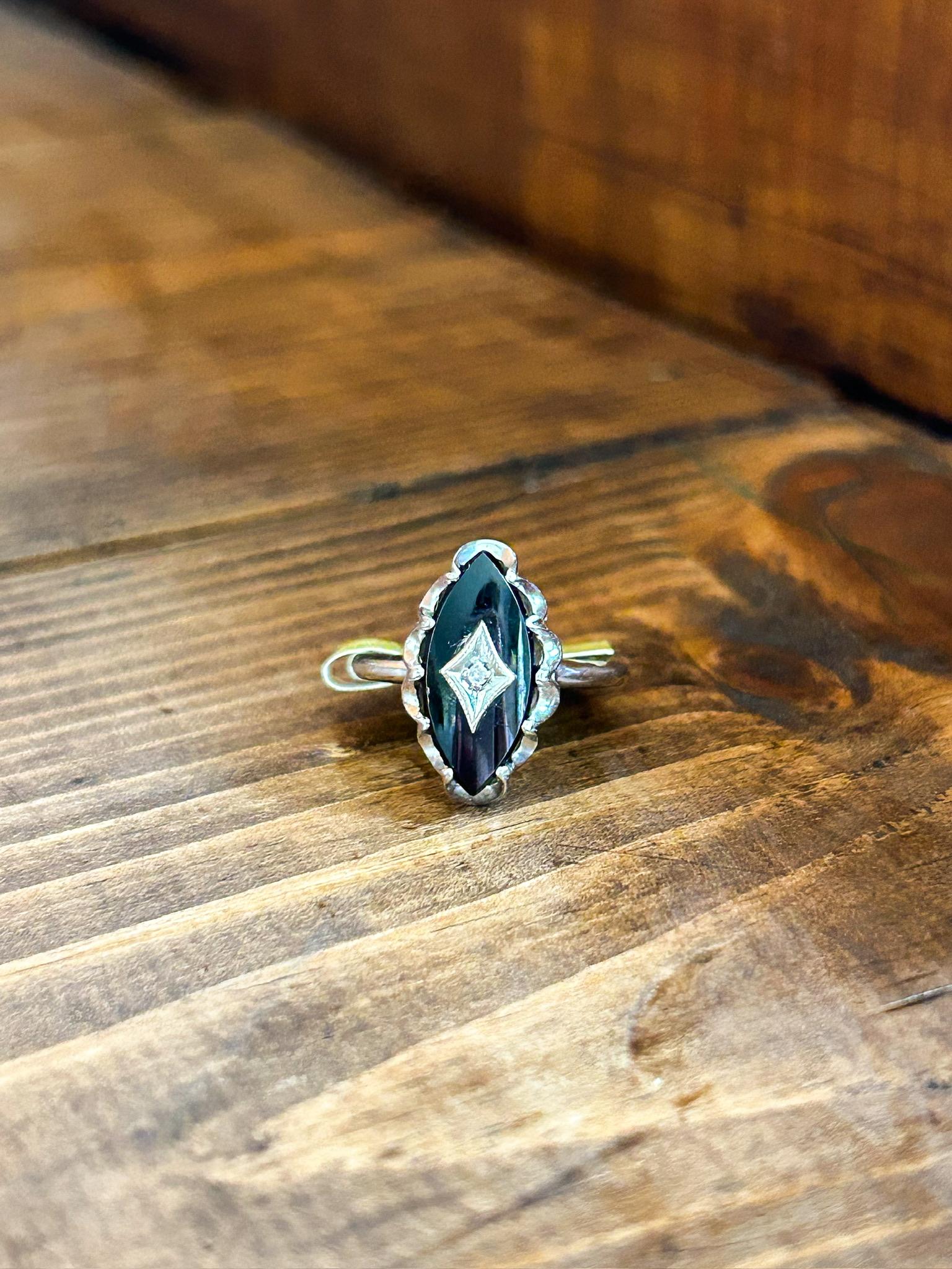 Vintage Onyx Marquis & Diamond Chip White Gold Ring