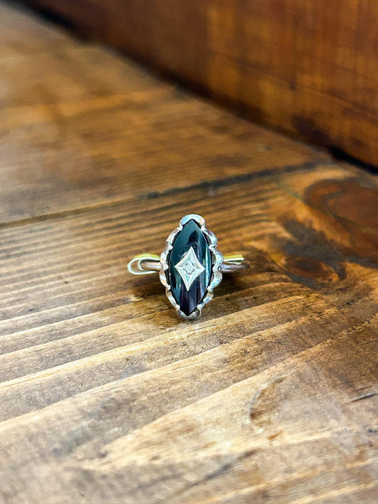 Vintage Onyx Marquis & Diamond Chip White Gold Ring