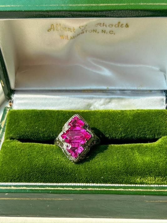 Vintage Hot Pink Synthetic Sapphire 3 Stone White Gold Filigree Ring