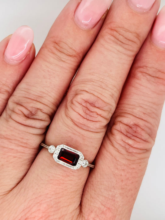 East West Garnet and Diamond 14k White Gold Ring