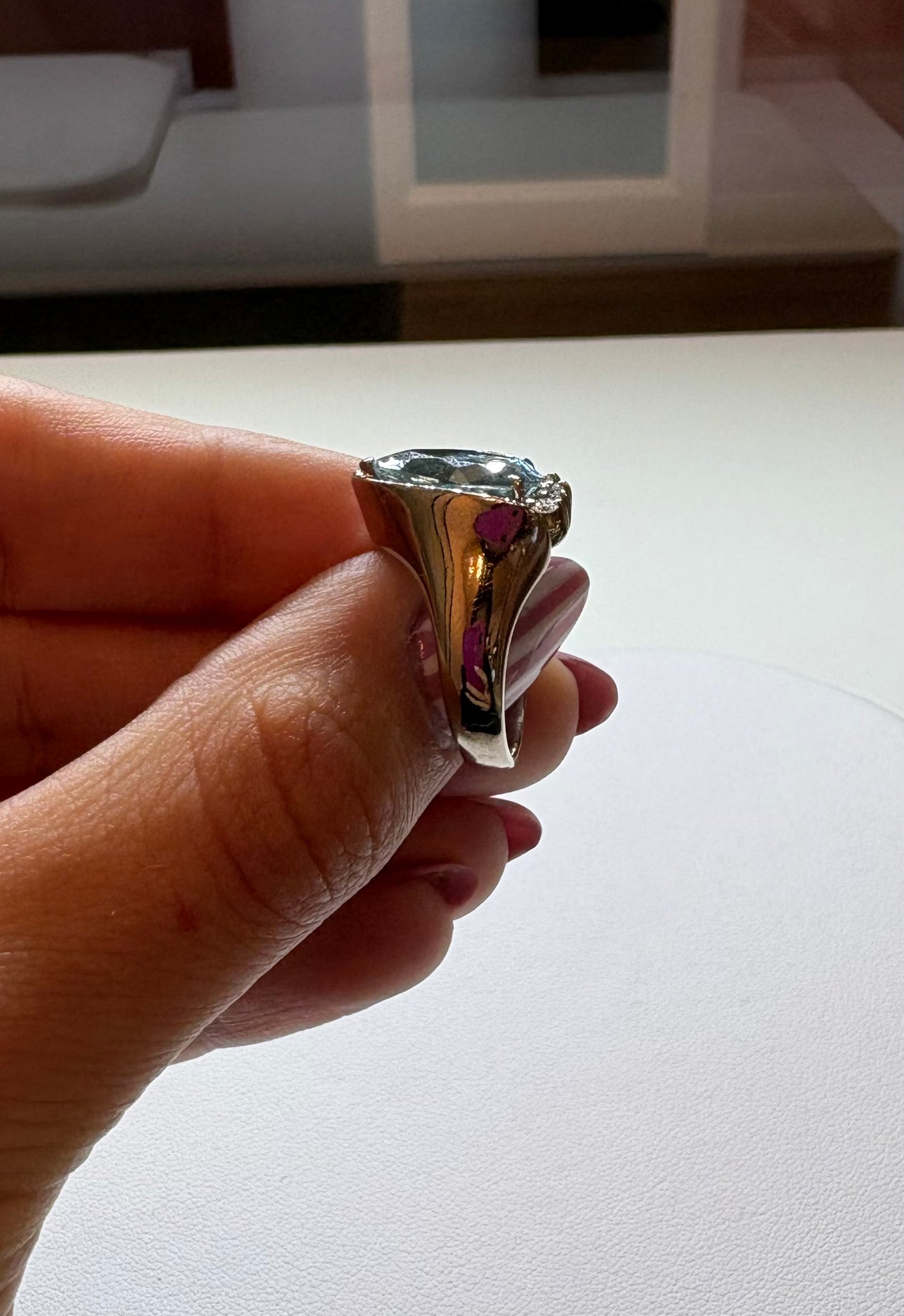Vintage White Gold Aquamarine Pear and Diamond Ring