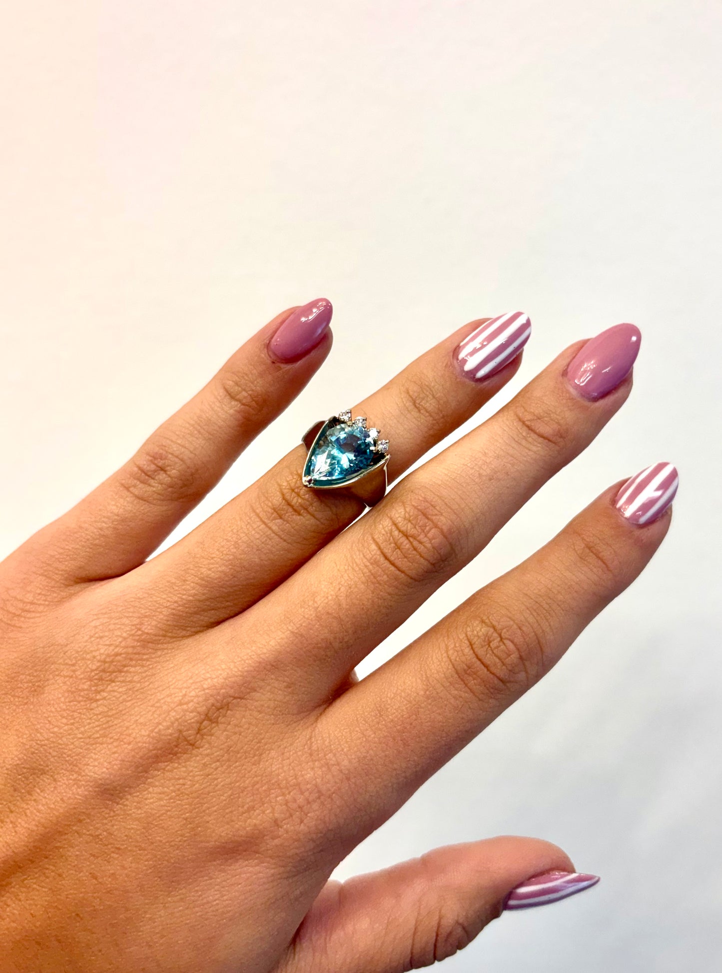 Vintage White Gold Aquamarine Pear and Diamond Ring