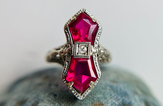 Stunning 14k White Gold Filigree Synthetic Ruby and Diamond Ring BELAIS