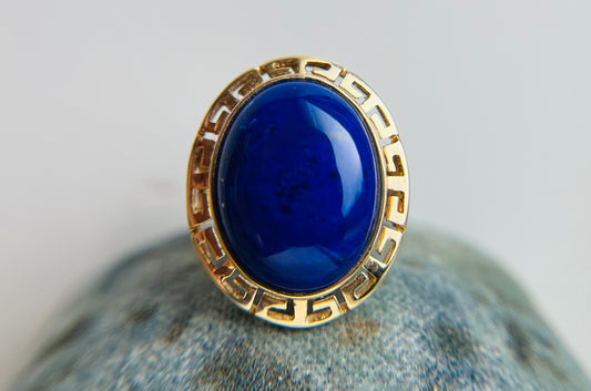 Vintage Greek Key 14k Yellow Gold and Lapis Ring