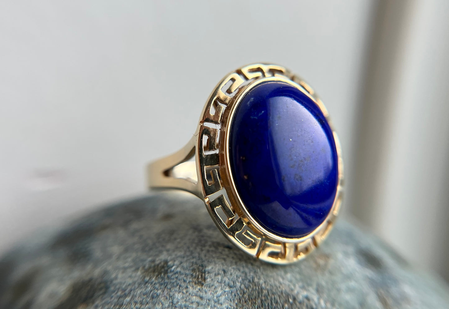 Vintage Greek Key 14k Yellow Gold and Lapis Ring