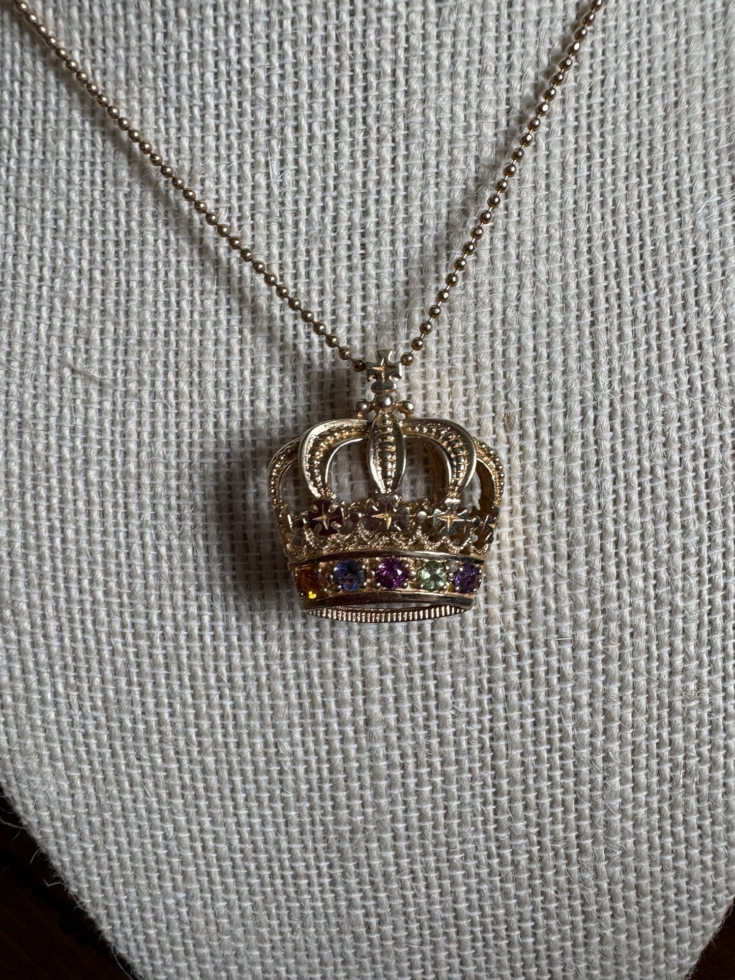 Yellow Gold Crown Pendant with Multicolored Stones