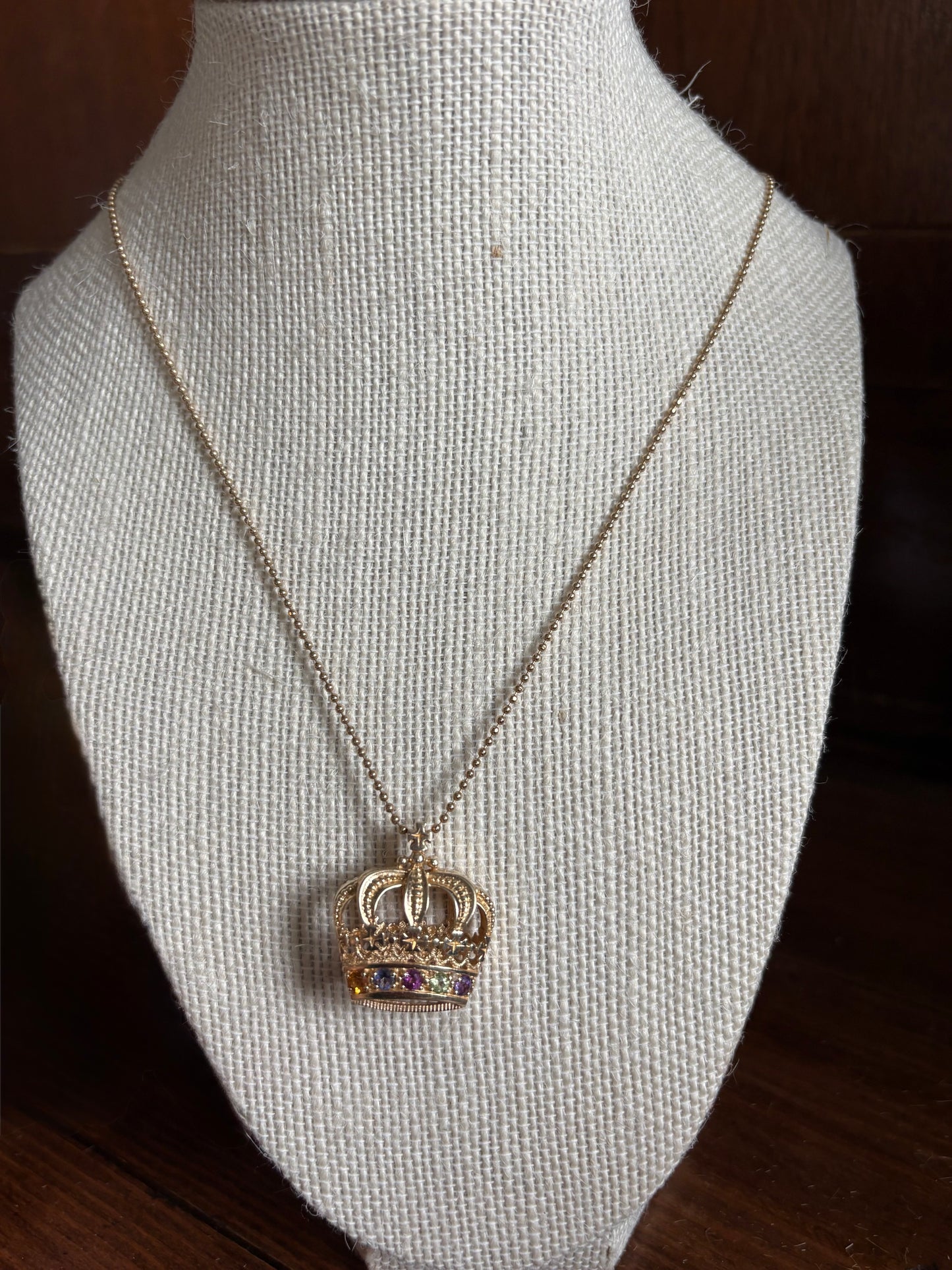 Yellow Gold Crown Pendant with Multicolored Stones