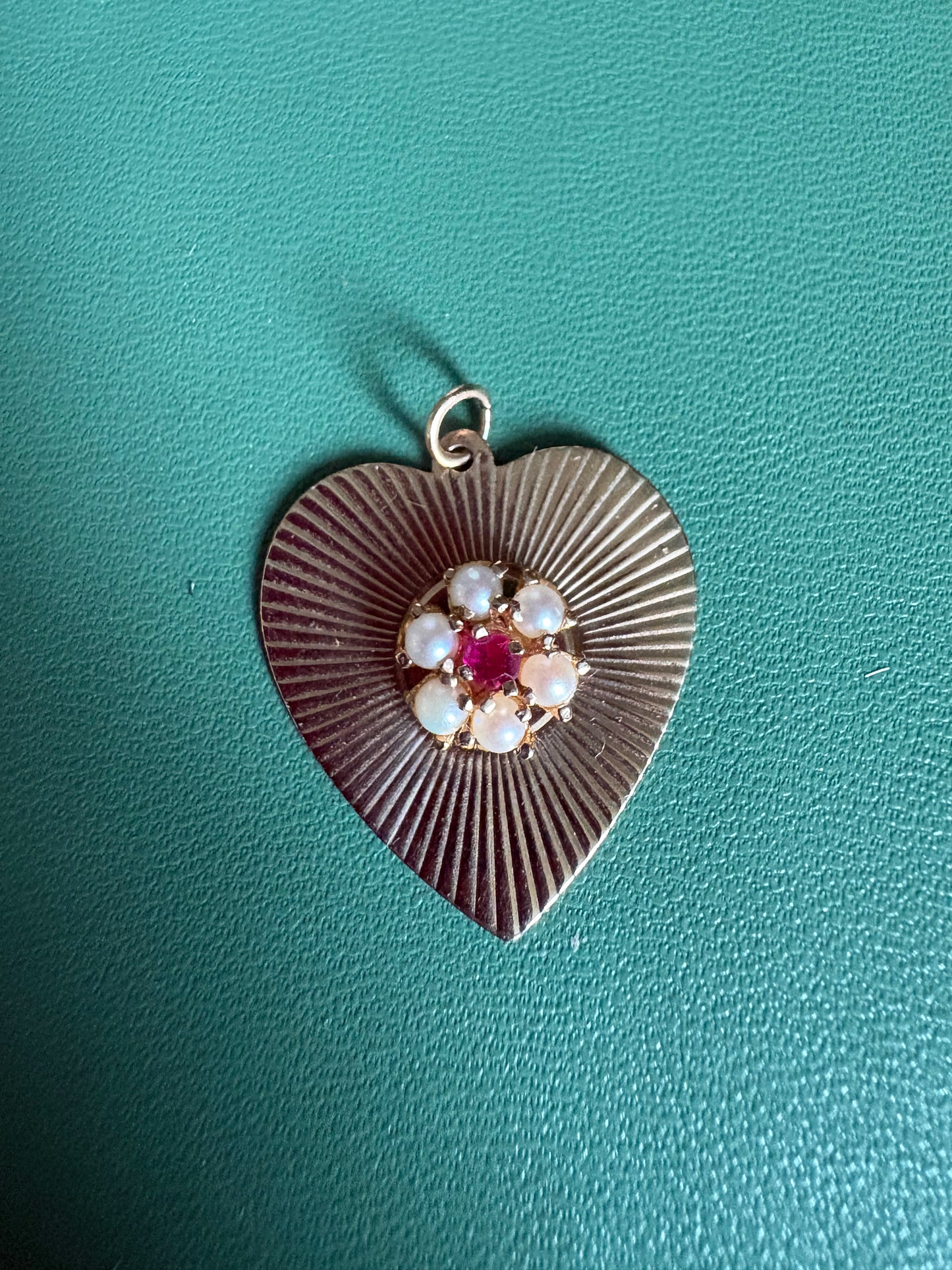 Vintage Gold Heart Pendant with Pearl and Ruby Cluster