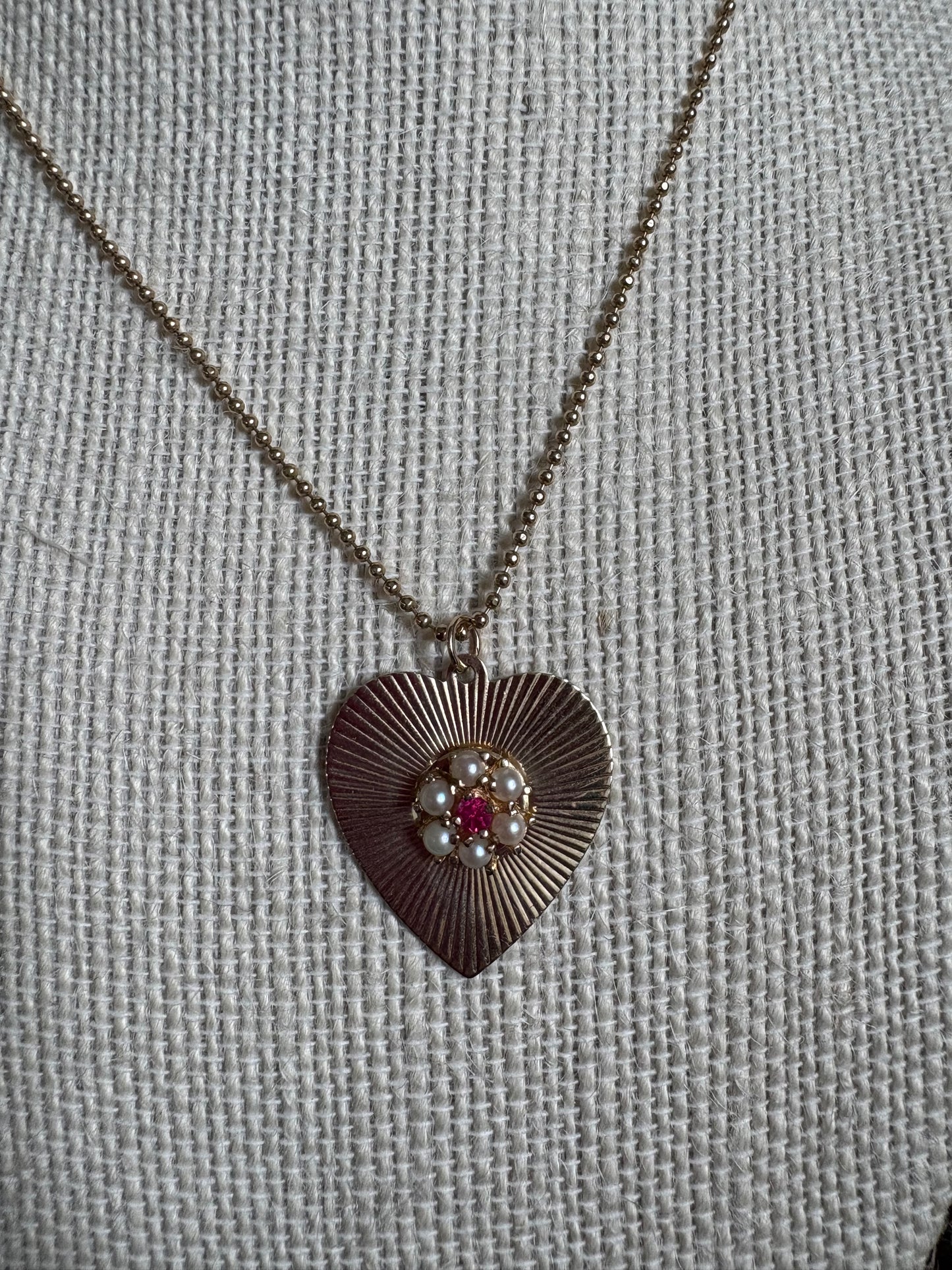 Vintage Gold Heart Pendant with Pearl and Ruby Cluster