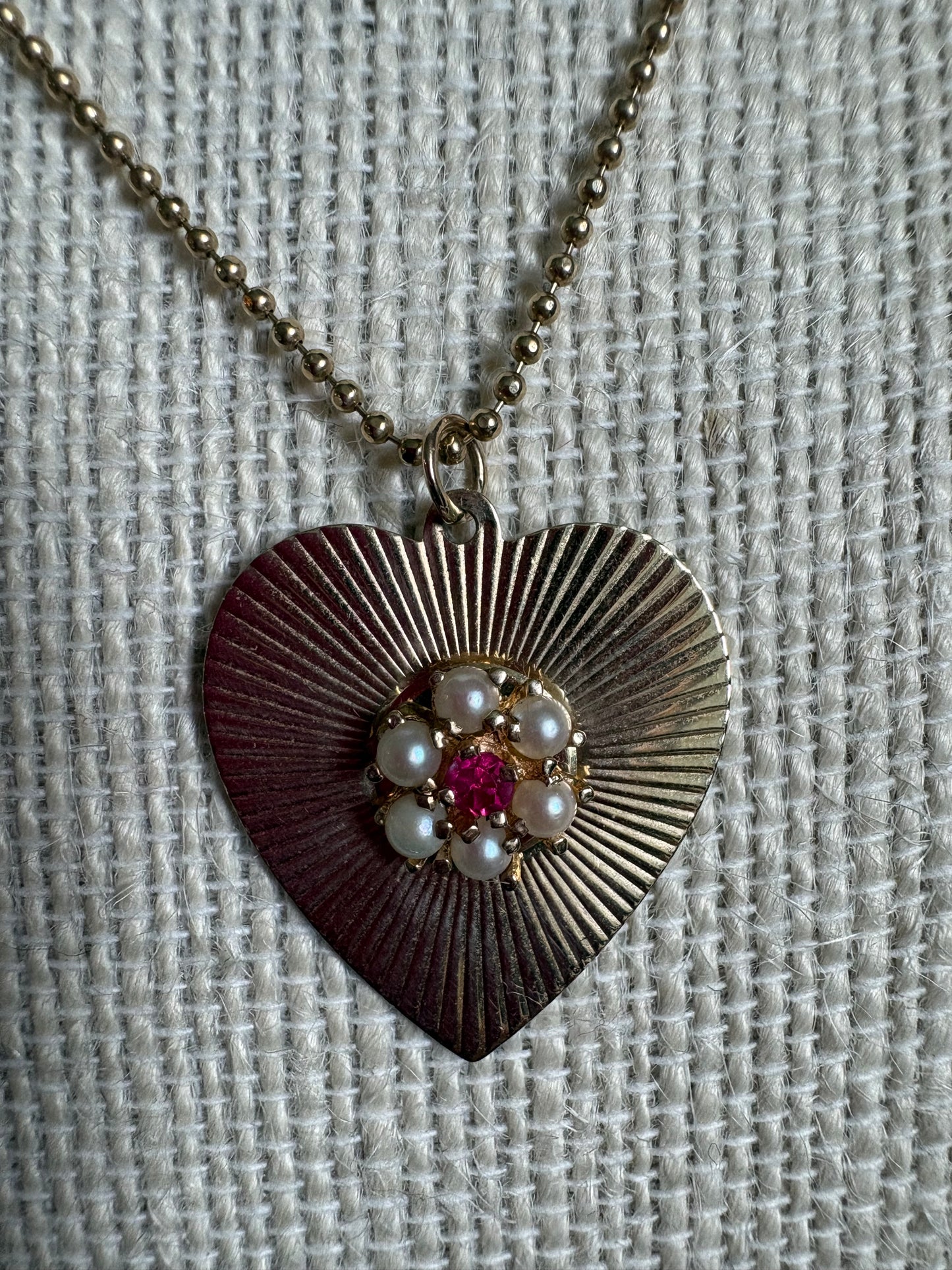 Vintage Gold Heart Pendant with Pearl and Ruby Cluster
