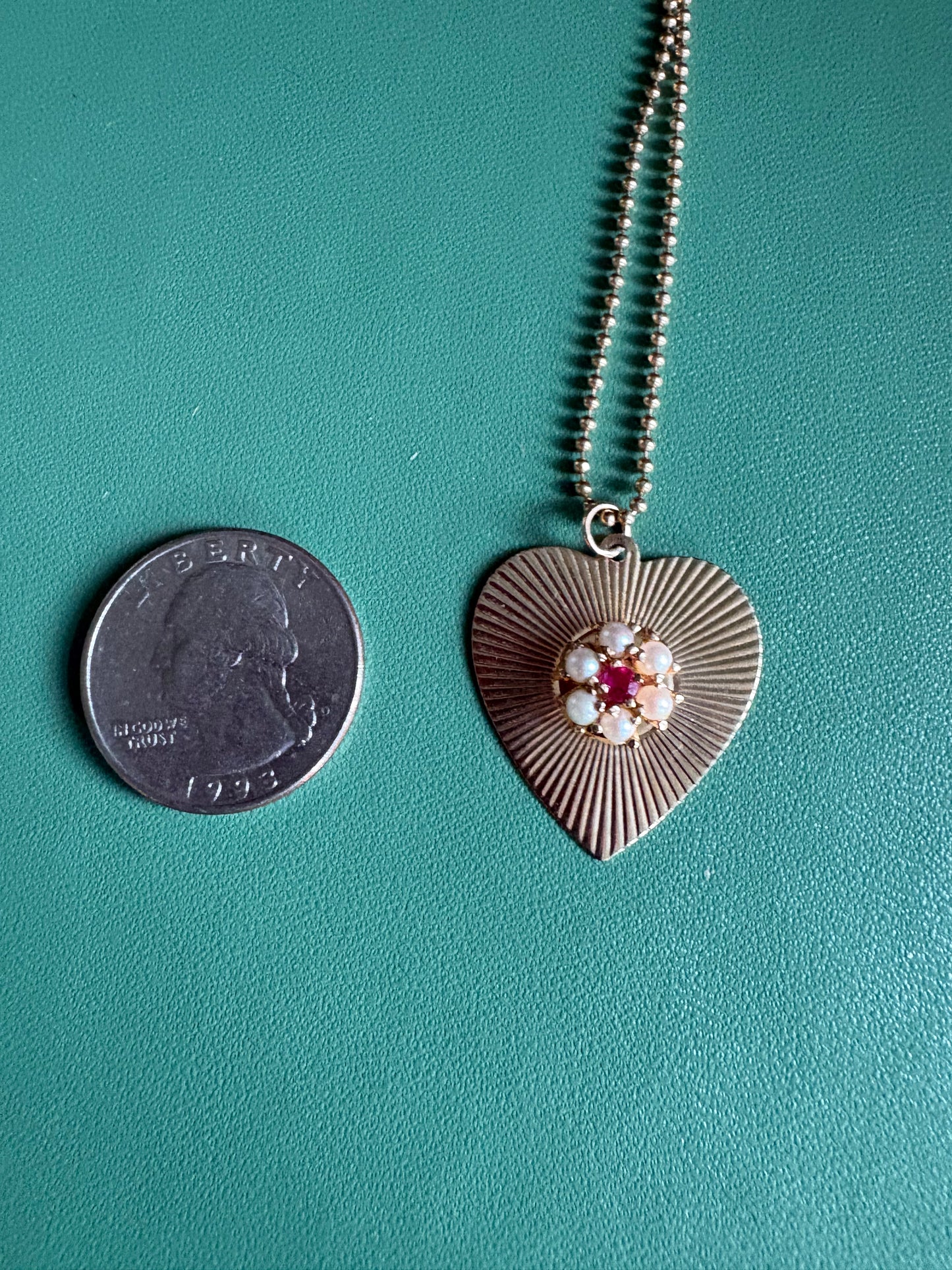 Vintage Gold Heart Pendant with Pearl and Ruby Cluster