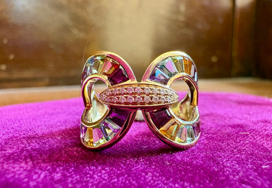 Vintage 14K Gold Rainbow & Diamond Accent Statement Ring