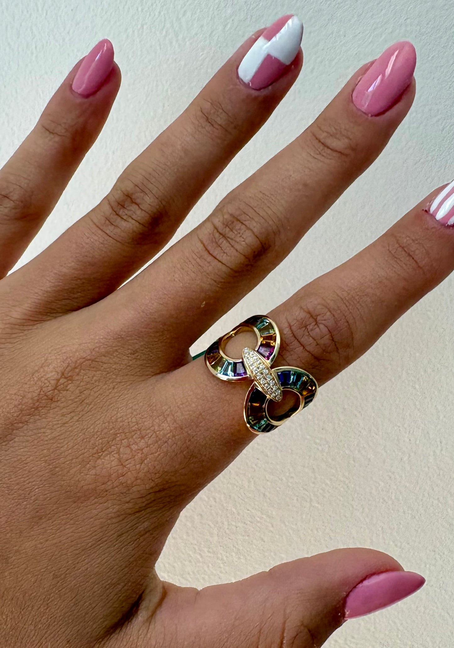 Vintage 14K Gold Rainbow & Diamond Accent Statement Ring