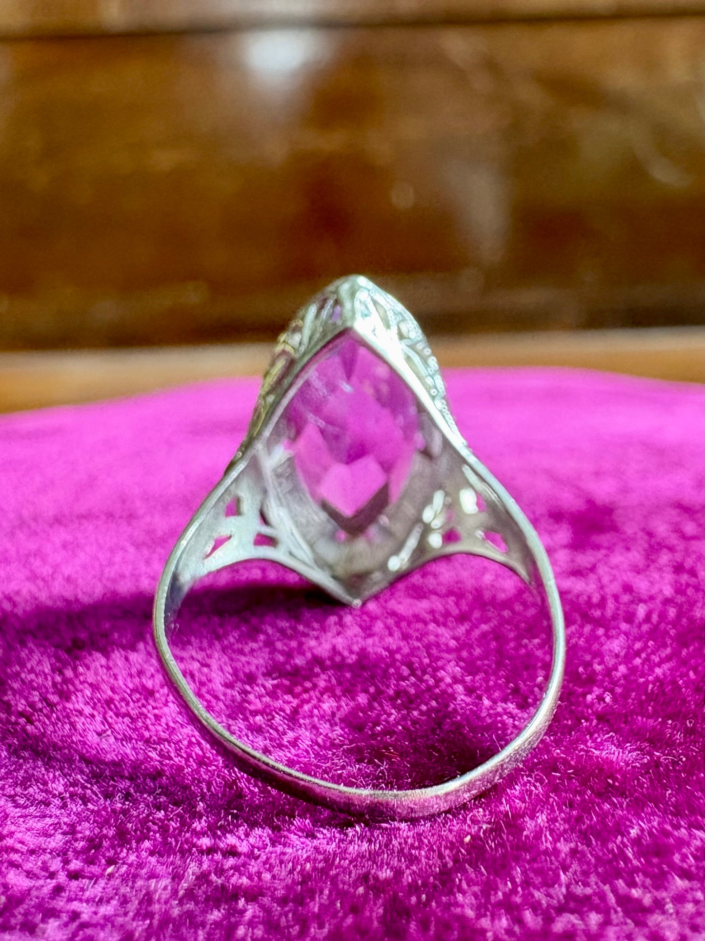 Vintage Art Deco 14K White Gold Marquise Amethyst Ring