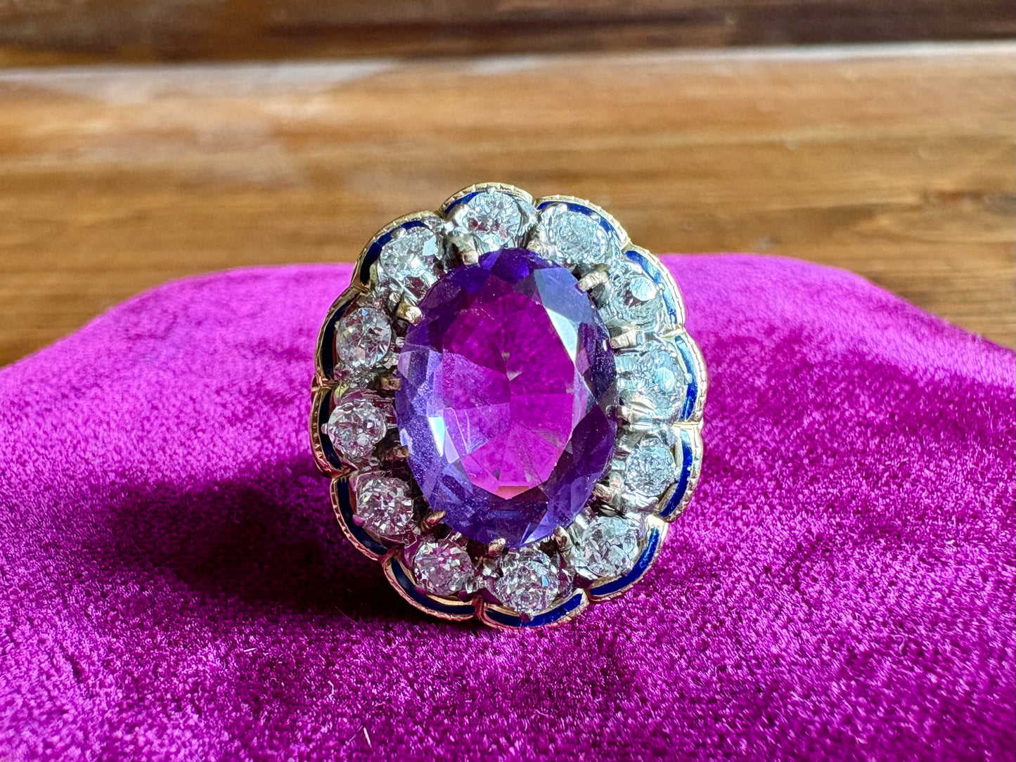 Antique Oval Amethyst & Diamond Halo Ring in Yellow Gold