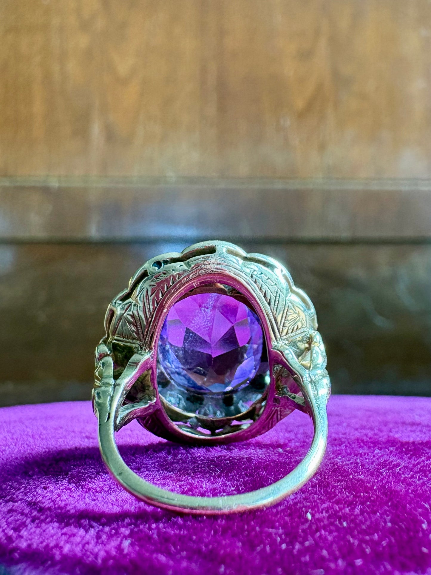 Antique Oval Amethyst & Diamond Halo Ring in Yellow Gold