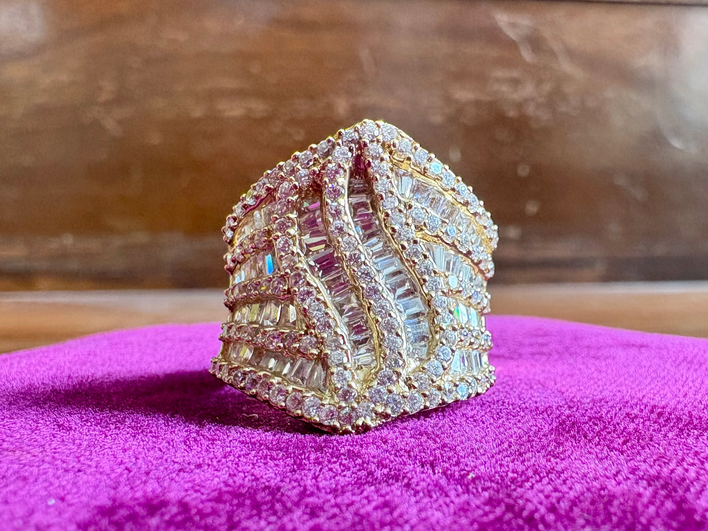 14K Yellow Gold CZ Diamond Statement Ring | Multi-Row Baguette & Round Cut Cocktail Ring