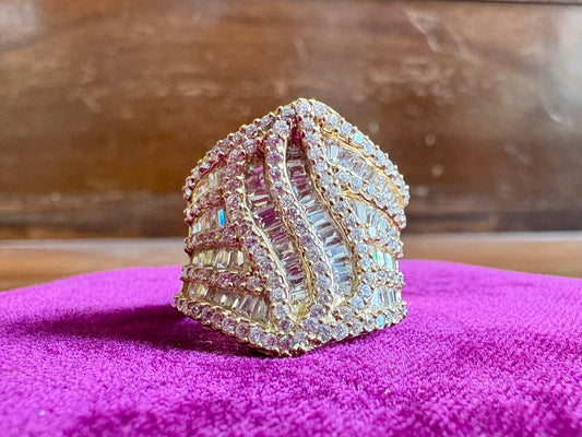 14K Yellow Gold CZ Diamond Statement Ring | Multi-Row Baguette & Round Cut Cocktail Ring