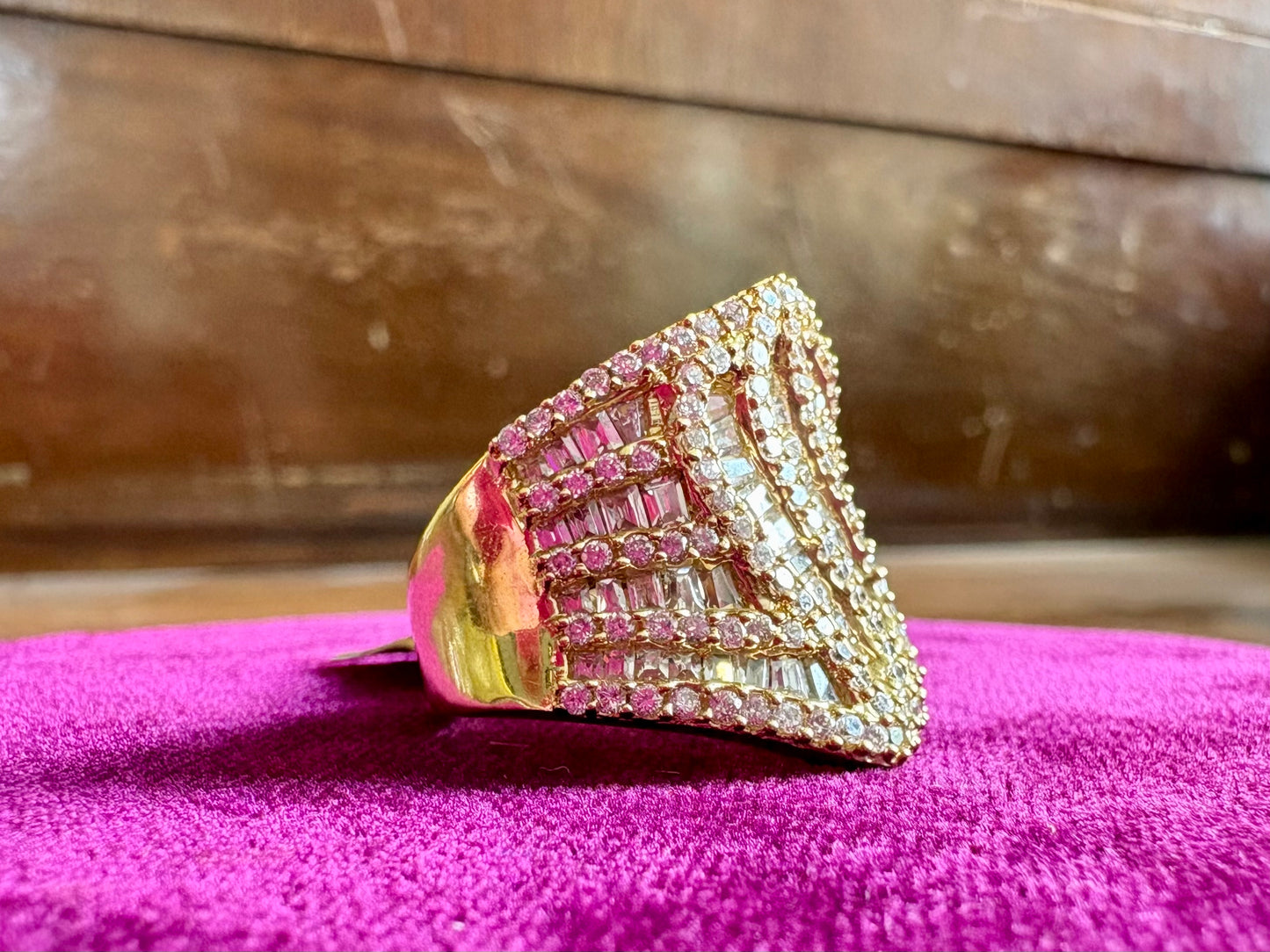 14K Yellow Gold CZ Diamond Statement Ring | Multi-Row Baguette & Round Cut Cocktail Ring