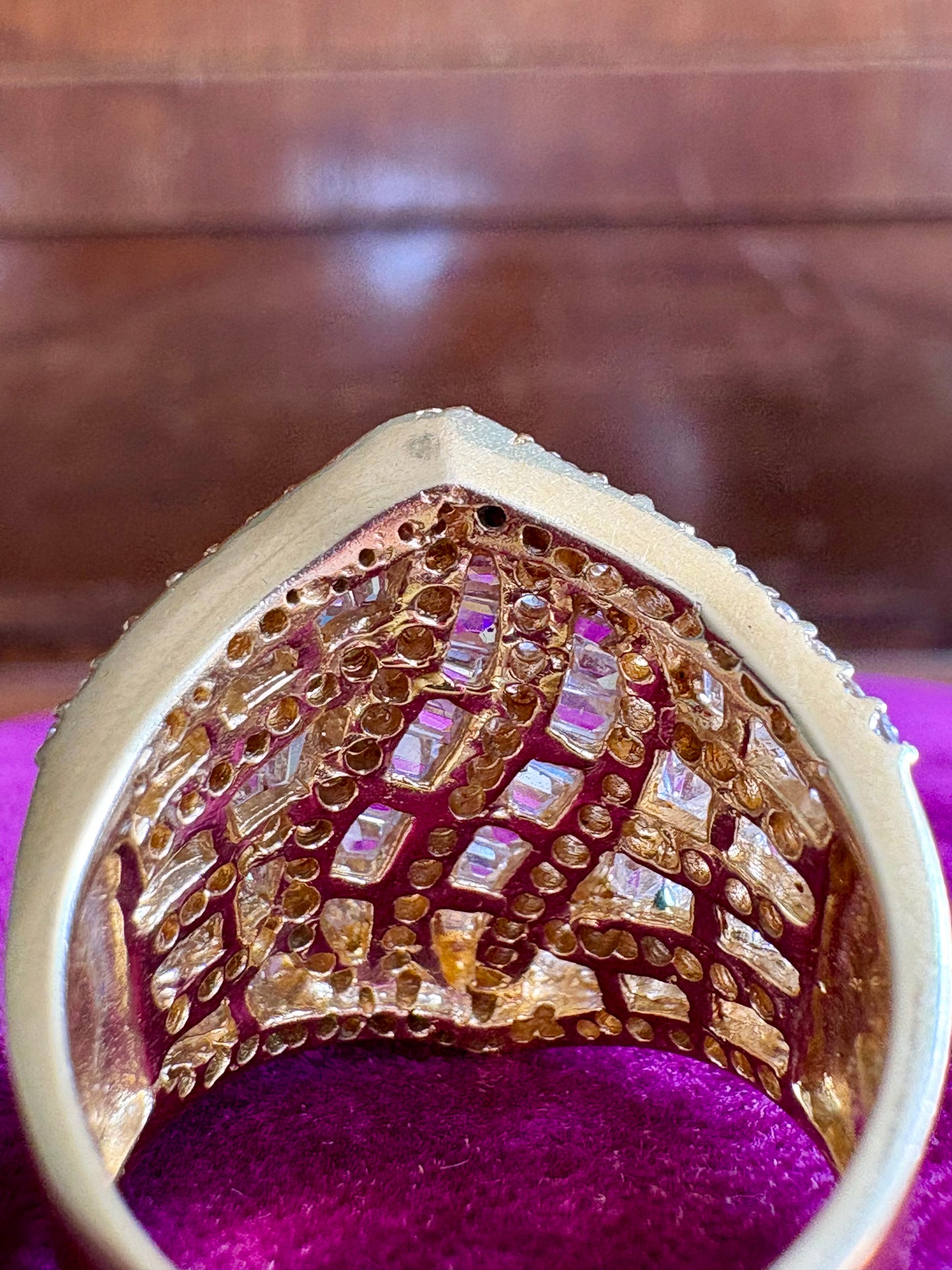 14K Yellow Gold CZ Diamond Statement Ring | Multi-Row Baguette & Round Cut Cocktail Ring