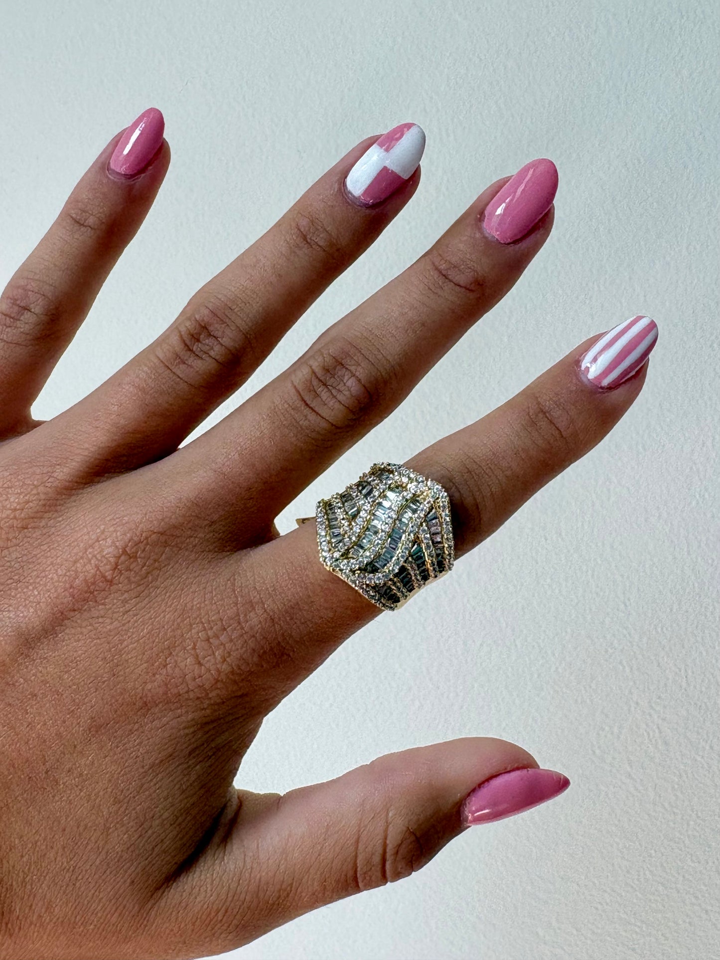 14K Yellow Gold CZ Diamond Statement Ring | Multi-Row Baguette & Round Cut Cocktail Ring