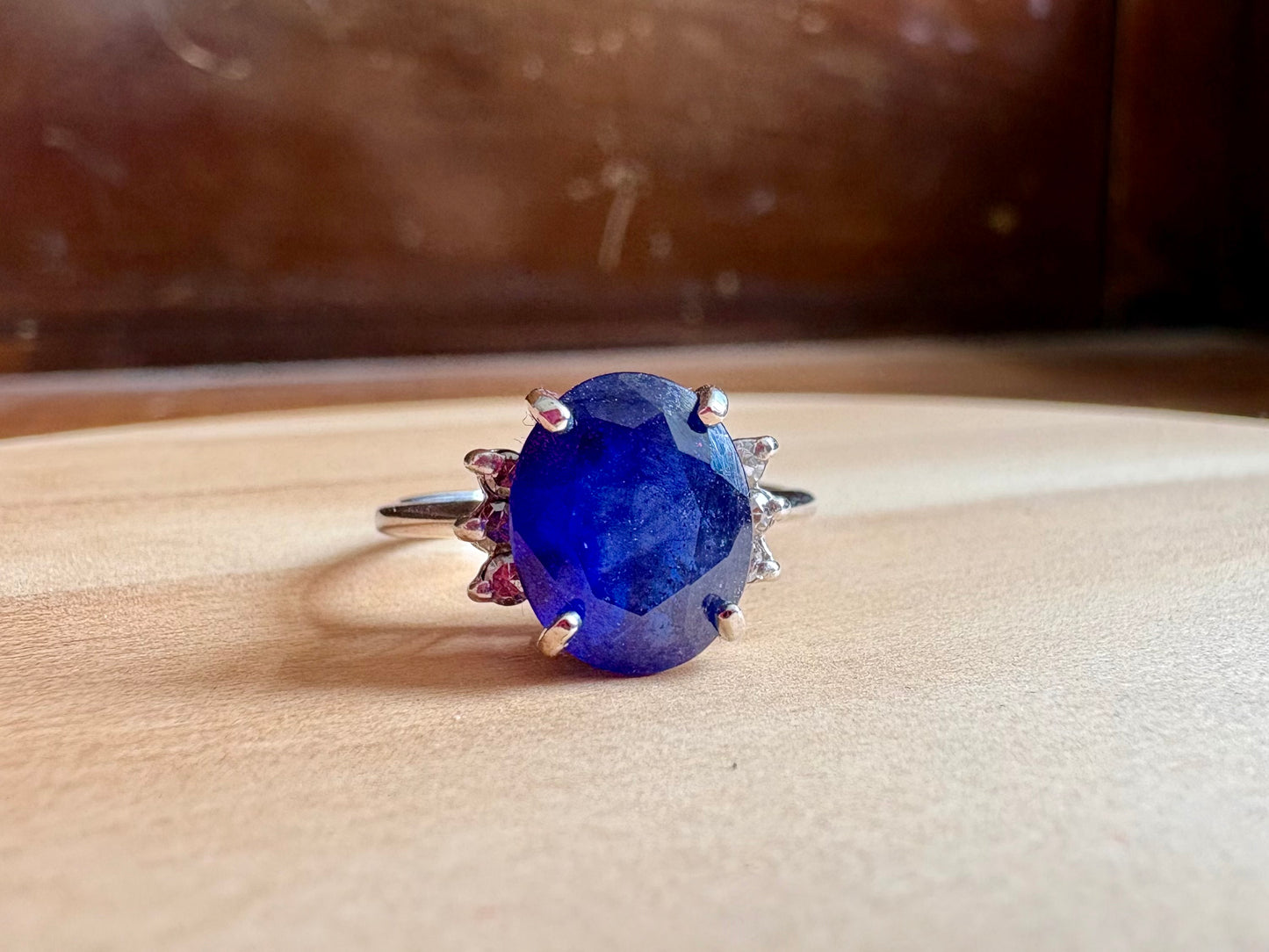 14K White Gold Natural Blue Sapphire Ring | Classic Solitaire with Diamond Accent Shoulders