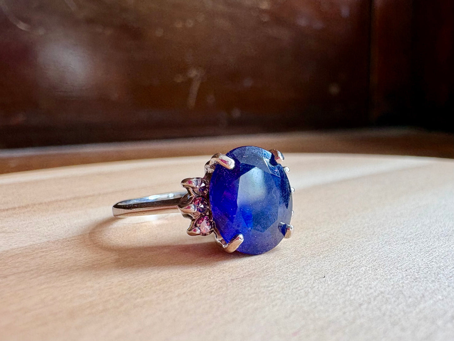 14K White Gold Natural Blue Sapphire Ring | Classic Solitaire with Diamond Accent Shoulders