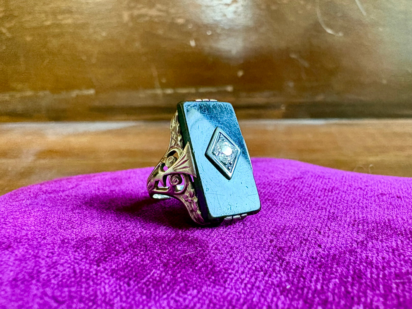 Vintage 14K White Gold Onyx & Diamond Ring