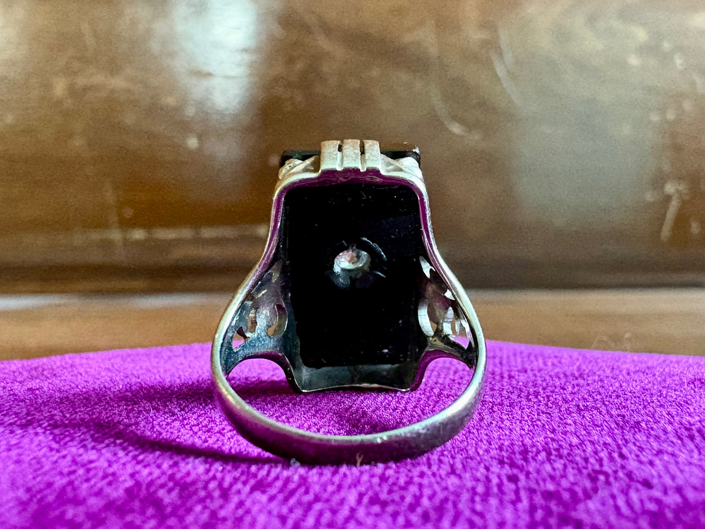 Vintage 14K White Gold Onyx & Diamond Ring