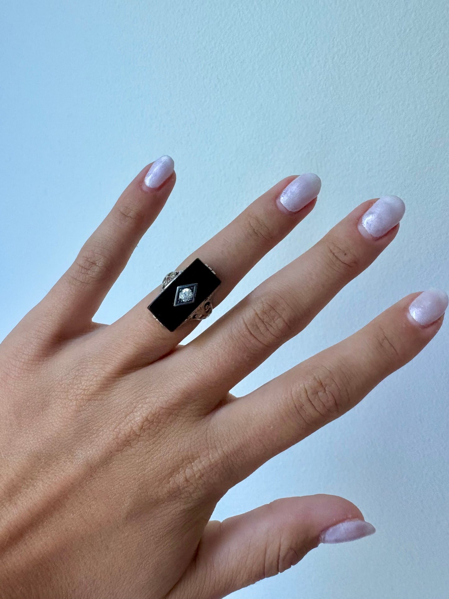 Vintage 14K White Gold Onyx & Diamond Ring