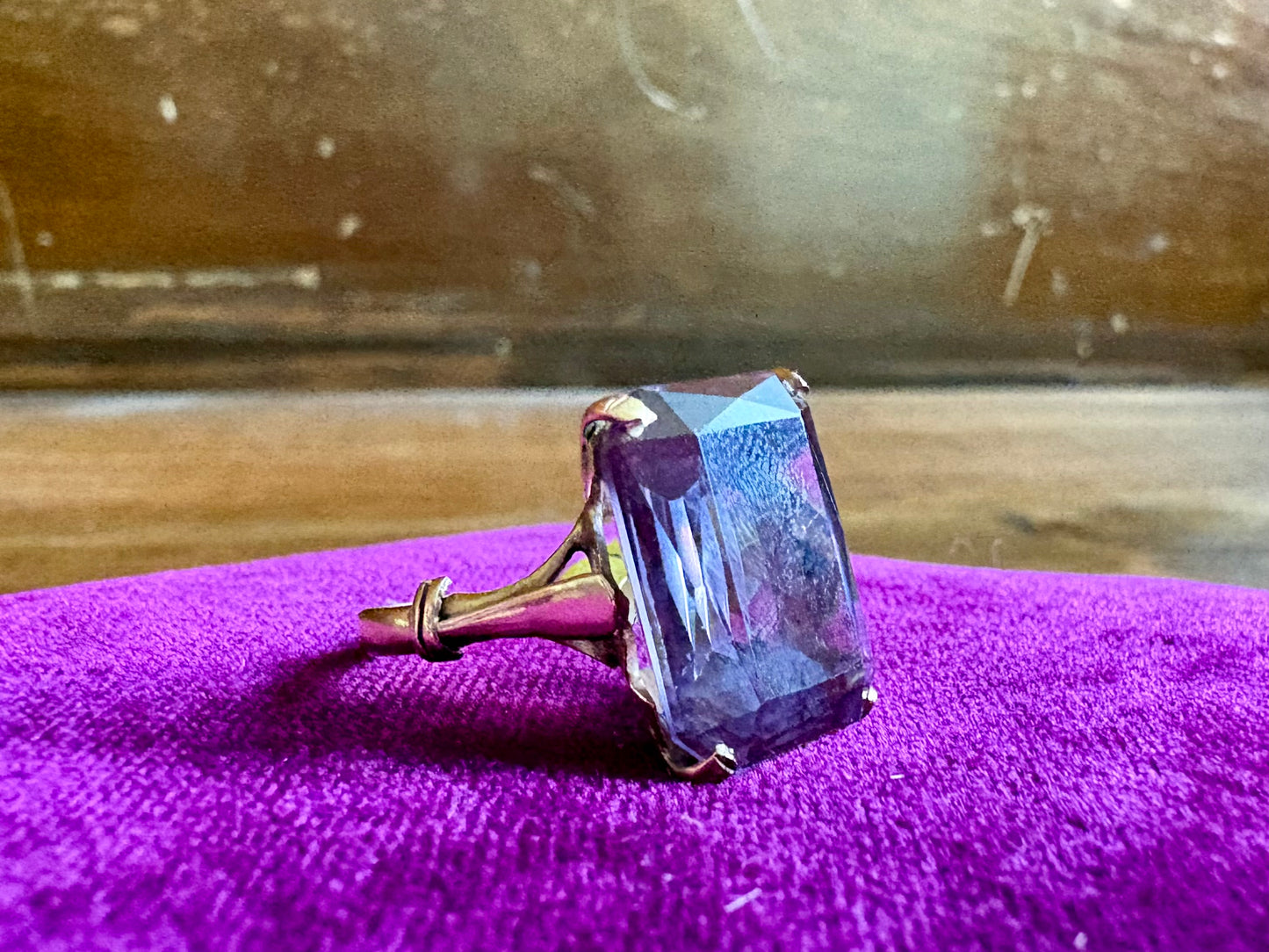 Vintage 14K Yellow Gold Emerald-Cut Amethyst Statement Ring