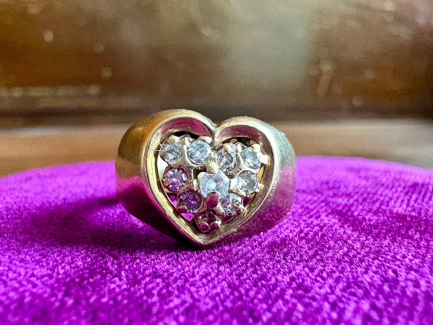 Vintage 14K Yellow Gold Diamond Heart Cluster Ring
